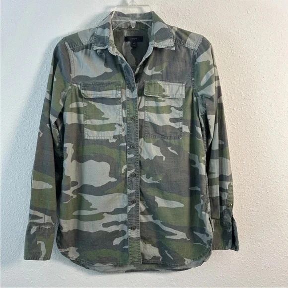 J.Crew Women’s Utility Military Camo Shirt Button Down Green Gray Size 0 Boy Fit - Picture 1 of 10